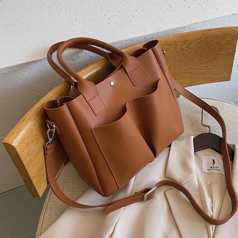 

с досавкой Large Double pocket PU Leather Shoulder Bags for Women 2020 Fashion Handbags and Purses Female Travel Trend